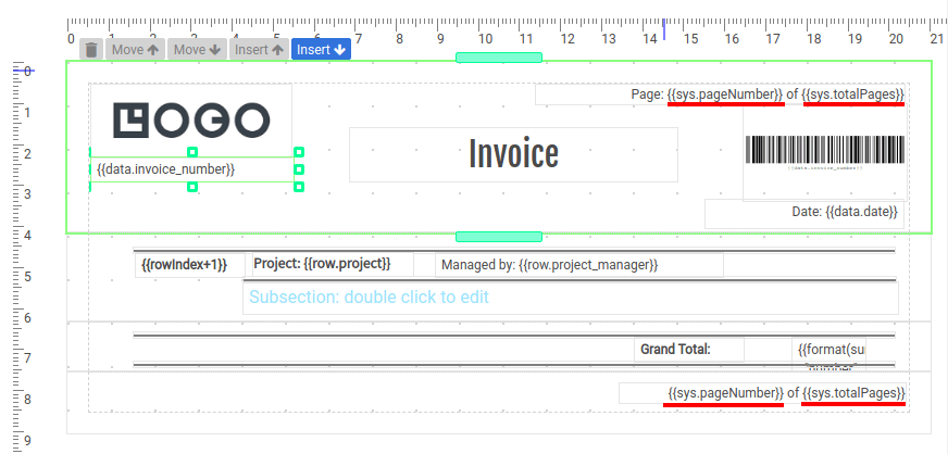 Variable sys.pageNumber and sys.totalPages for header and footer